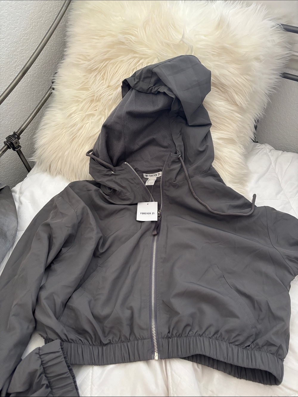 Forever 21 Women's Charcoal Gray Hooded Bomber Jacket